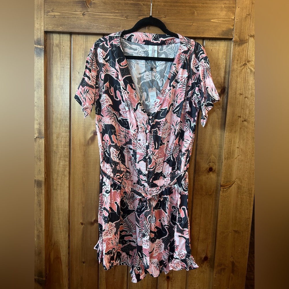 BCBG NWT Pink and Black Cat Print Romper